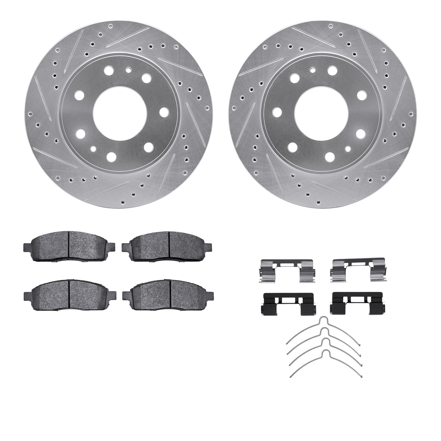 Dynamic Friction Company Front Brake Rotors-Drilled and Slotted-Silver with Ultimate Duty Performance Brake Pads includes Hardware 7412-54095