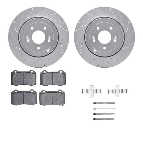Dynamic Friction Company Front Brake Rotors Drilled and Slotted Silver with Ultimate Duty Performance Brake Pads includes Hardware - 7412-66003