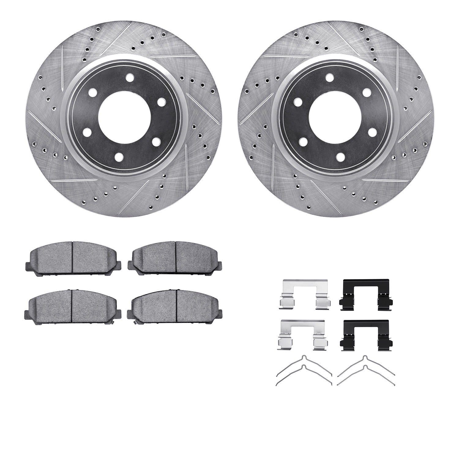 Dynamic Friction Company Front Brake Rotors-Drilled and Slotted-Silver with Ultimate Duty Performance Brake Pads includes Hardware 7412-67005