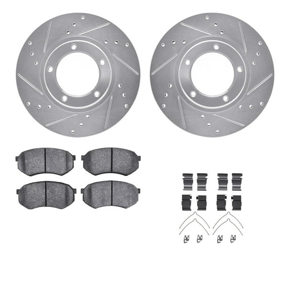 Dynamic Friction Company Front Brake Rotors-Drilled and Slotted-Silver with Ultimate Duty Performance Brake Pads includes Hardware 7412-76010