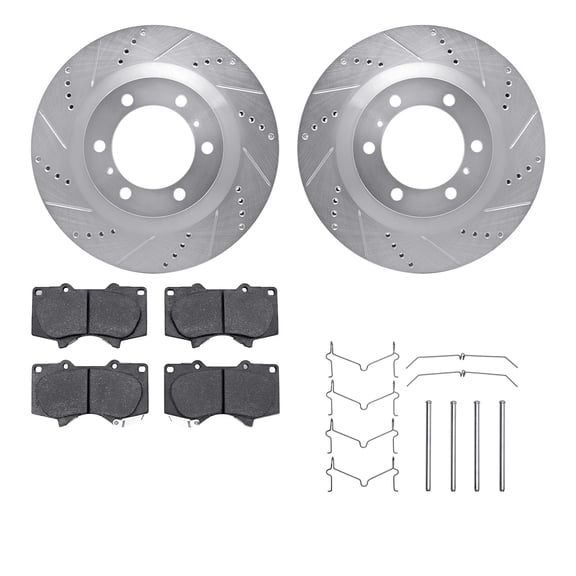 Dynamic Friction Company Front Brake Rotors-Drilled and Slotted-Silver with Ultimate Duty Performance Brake Pads includes Hardware 7412-76022