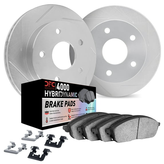 Dynamic Friction Company Front Brake Rotors Kit Slotted Silver | 4000 HybriDynamic Brake Pads includes Hardware 5812-42003