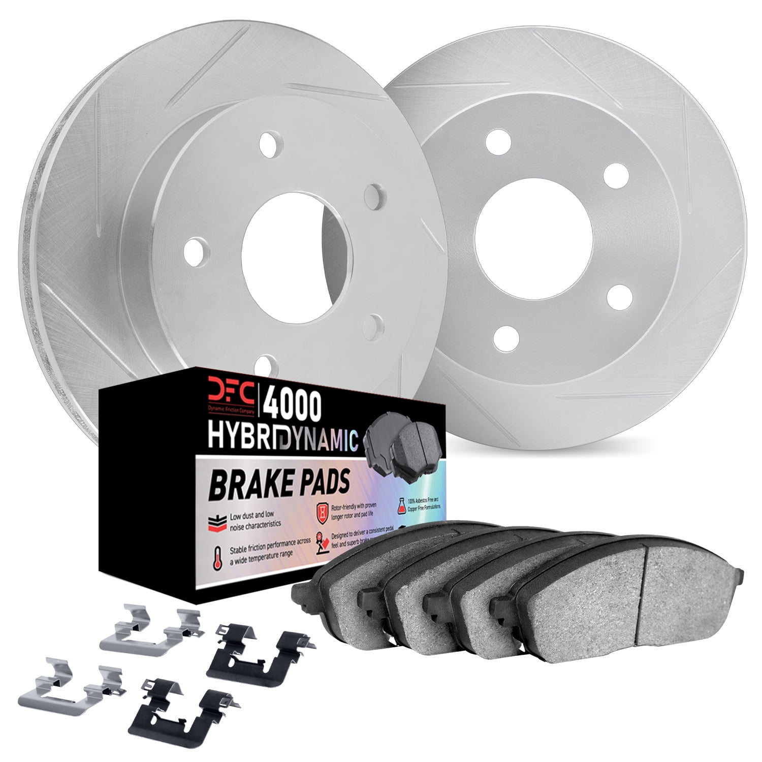 Dynamic Friction Company Front Brake Rotors Kit Slotted Silver | 4000 HybriDynamic Brake Pads includes Hardware 5812-42016