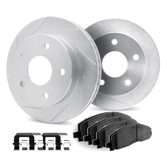 Dynamic Friction Company Front Brake Rotors Slotted Silver with Ultimate Duty Performance Brake Pads includes Hardware - 5412-42017
