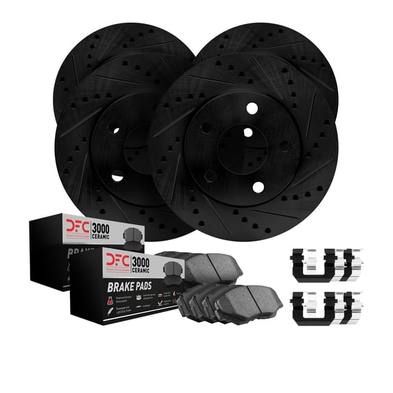 Dynamic Friction Company Front Rear Brake Rotors-Drilled and Slotted-Black with 3000 Series Ceramic Brake Pads includes Hardware 8314-20011 Fits select: 2007-2009 JAGUAR XK, 2006-2008 JAGUAR S-TYPE