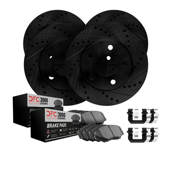 Dynamic Friction Company Front Rear Brake Rotors-Drilled and Slotted-Black with 3000 Series Ceramic Brake Pads includes Hardware 8314-74034 Fits select: 2007 VOLKSWAGEN JETTA WOLFSBURG