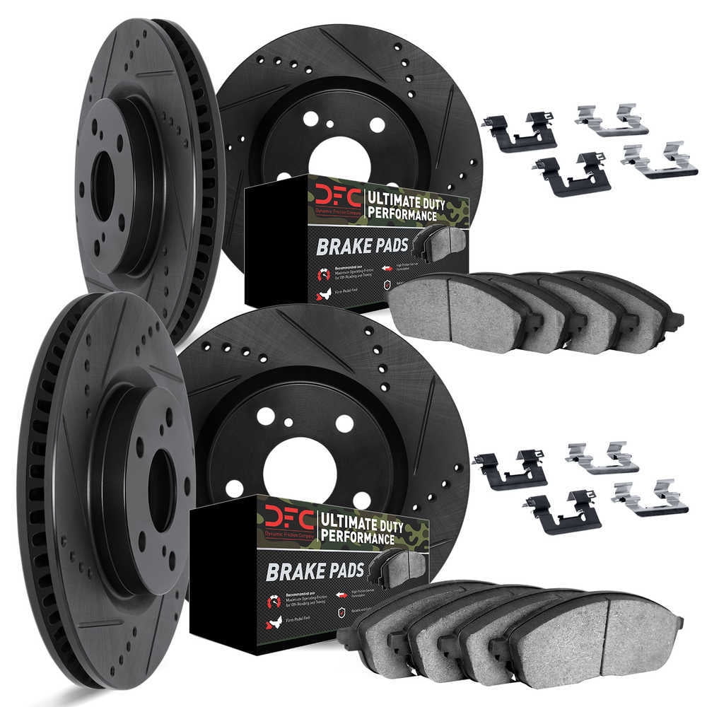 Dynamic Friction 8414 Front and Rear Brake Rotors and Brake Pads, 4 Rotors, 8 Pads and Hardware