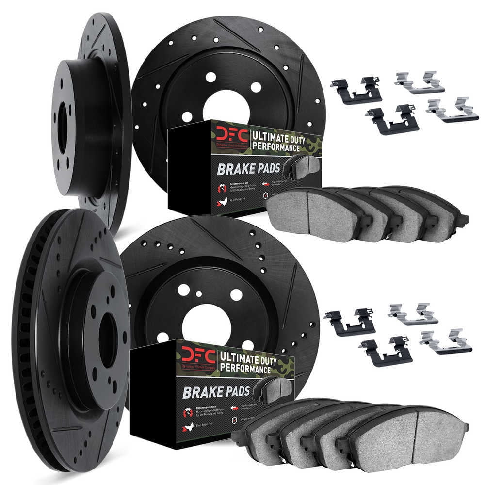 Dynamic Friction Company Front and Rear Brake Rotors Drilled and Slotted Black with Ultimate Duty Performance Brake Pads includes Hardware