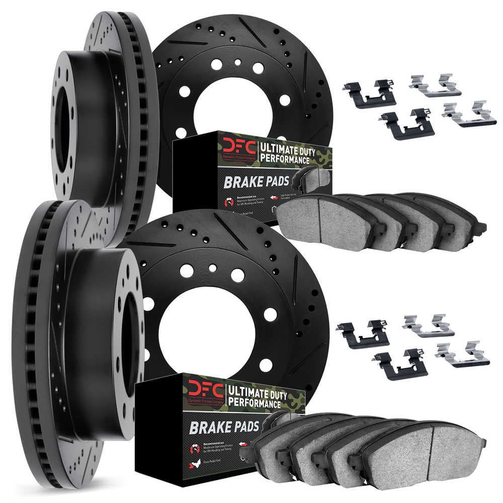 Dynamic Friction Company 8414 Drilled & Slotted Silver Front and Rear Brake Rotors with Ultimate Duty Performance Brake Pads includes Hardware