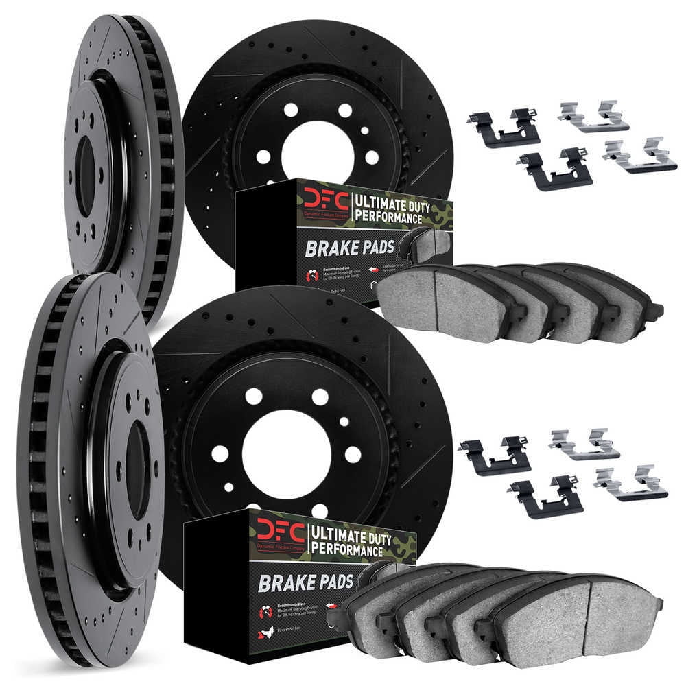 Dynamic Friction 8414 Front and Rear Brake Rotors Drilled and Slotted Black Brake Pads, 4 Brake Rotors, 8 Brake Pads, Hardware