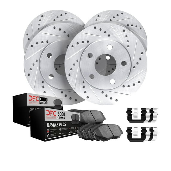 Dynamic Friction Company Front Rear Brake Rotors-Drilled and Slotted-Silver with 3000 Series Ceramic Brake Pads includes Hardware 7314-73047 Fits select: 2002-2006 AUDI A4