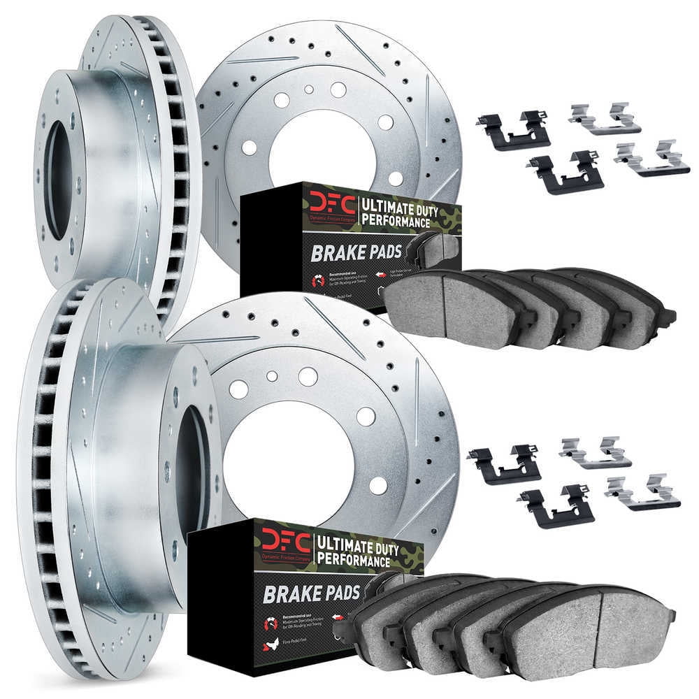 Dynamic Friction Company Front and Rear Brake Rotors Drilled and Slotted Silver with Ultimate Duty Performance Brake Pads includes Hardware - 7414
