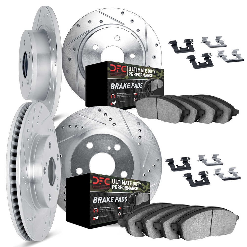 Dynamic Friction Company Front and Rear Drilled and Slotted Silver Brake Rotors and Ultimate Duty Performance Pads Kit