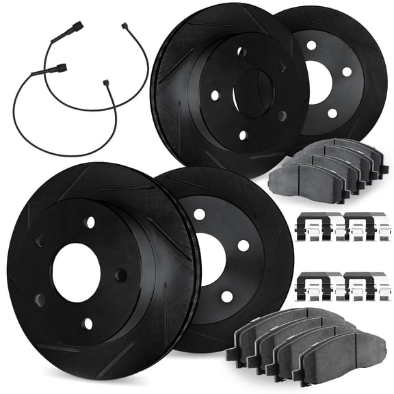 Dynamic Friction Company Front and Rear Brake Rotors Slotted Black with Ultimate Duty Performance Brake Pads includes Sensor and Hardware - 3424-47001
