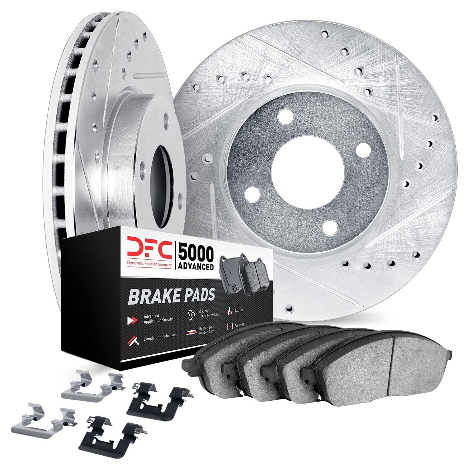 Dynamic Friction Company Front Rotors-Drilled and Slotted-Silver with 5000 Advanced Brake Pads includes Hardware 7512-80092