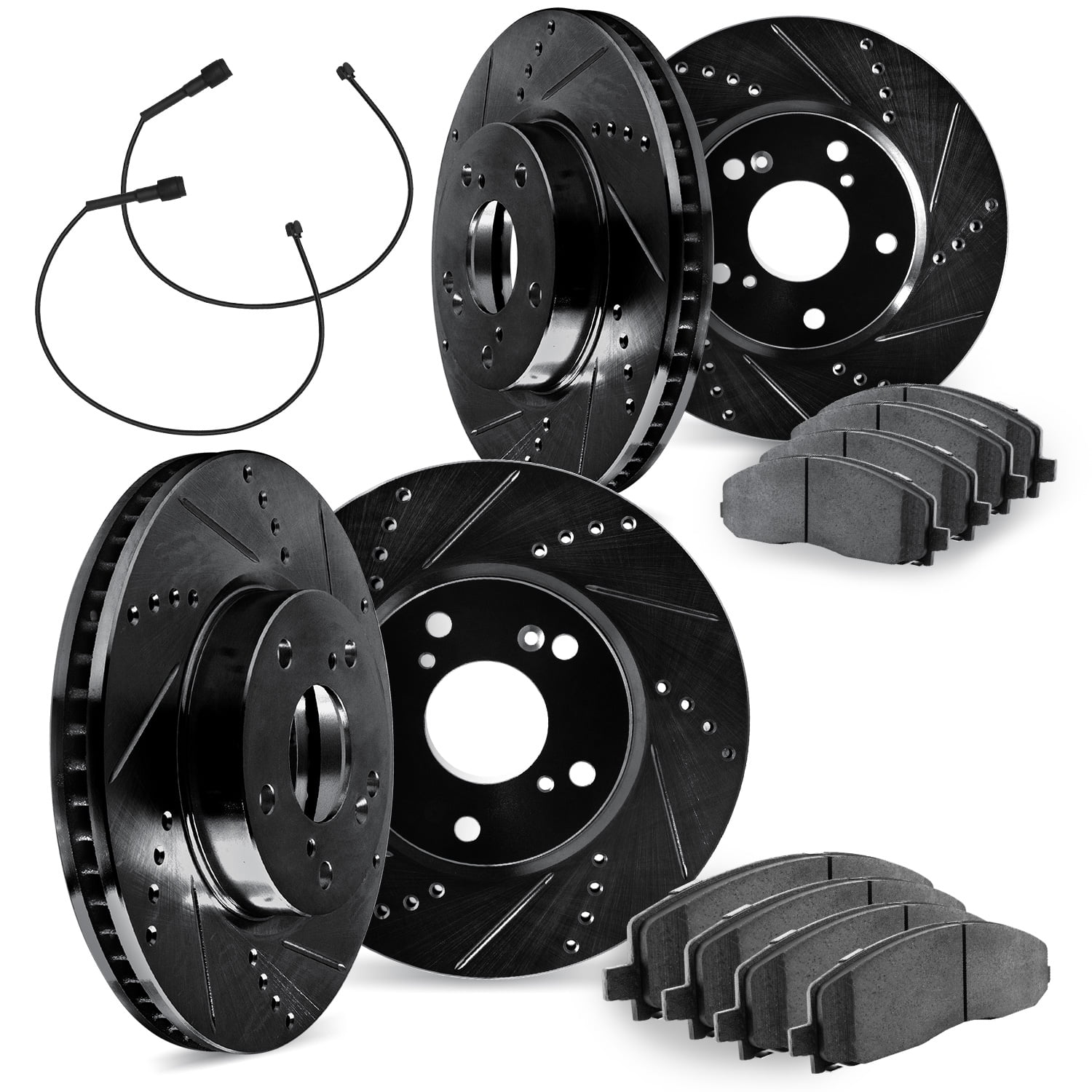 Dynamic Friction Company Front and Rear Brake Rotors Drilled and Slotted Black with Heavy Duty Brake Pads includes Sensor - 8234-40002