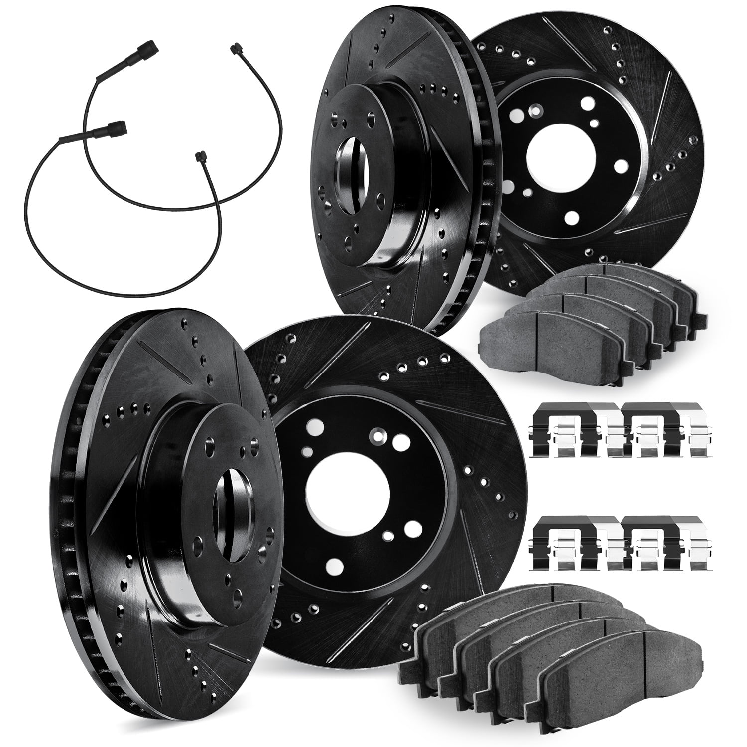 Dynamic Friction Company Front and Rear Brake Rotors Drilled and Slotted Black with Heavy Duty Brake Pads includesSensor and Hardware - 8224-40014