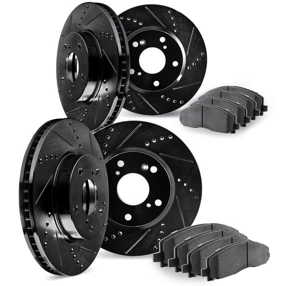Dynamic Friction Company Front and Rear Brake Rotors Drilled and Slotted Black with Ultimate Duty Performance Brake Pads - 8404-42007