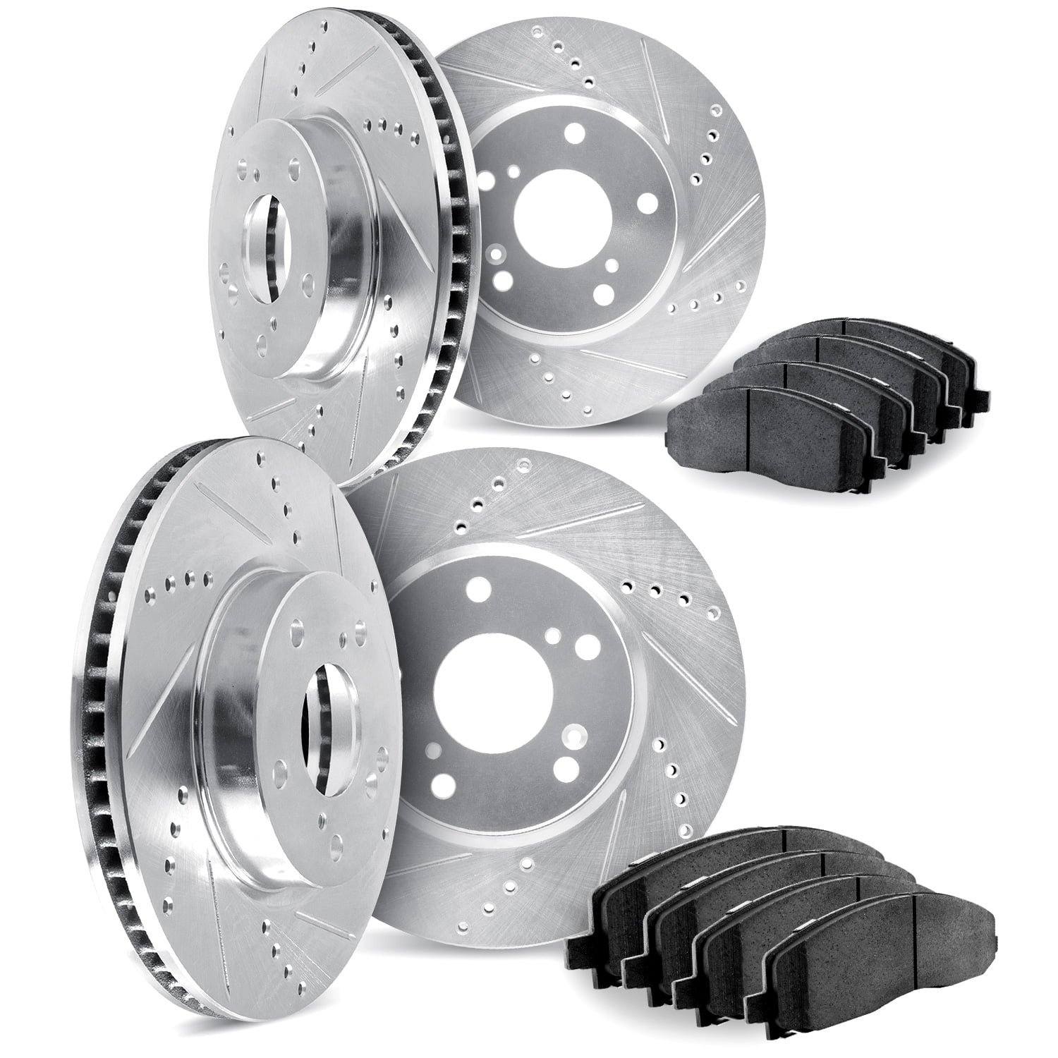 Dynamic Friction Company Front and Rear Brake Rotors Drilled and Slotted Silver with 5000 Advanced Brake Pads - 7504-42055