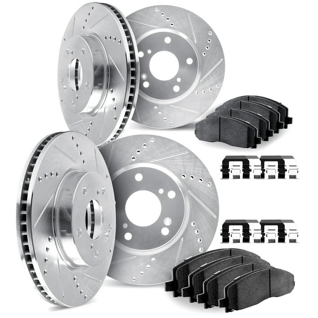 Dynamic Friction Company Front and Rear Brake Rotors Drilled and Slotted Silver with 5000 Advanced Brake Pads includes Hardware - 7514-13009