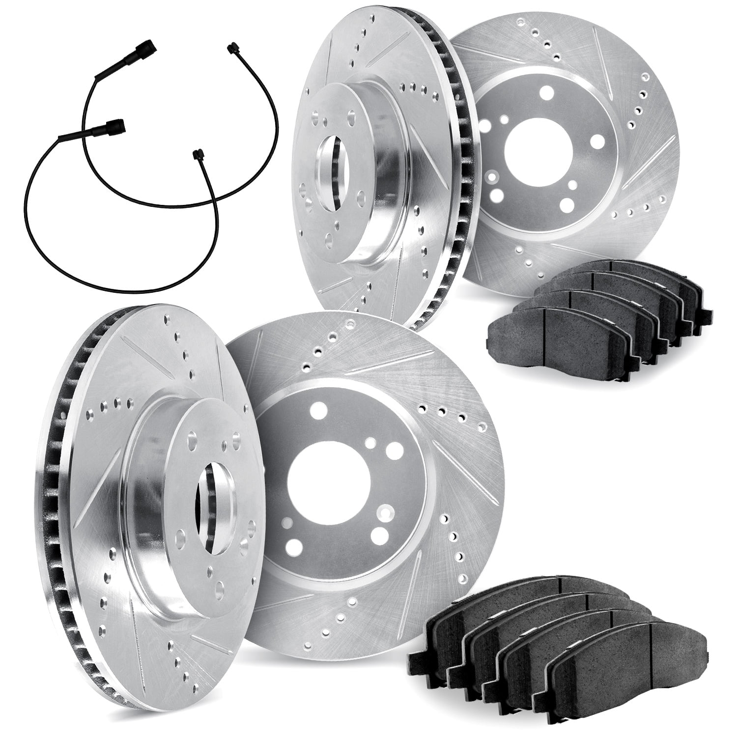 Dynamic Friction Company Front and Rear Brake Rotors Drilled and Slotted Silver with Heavy Duty Brake Pads includes Sensor - 7234-40003