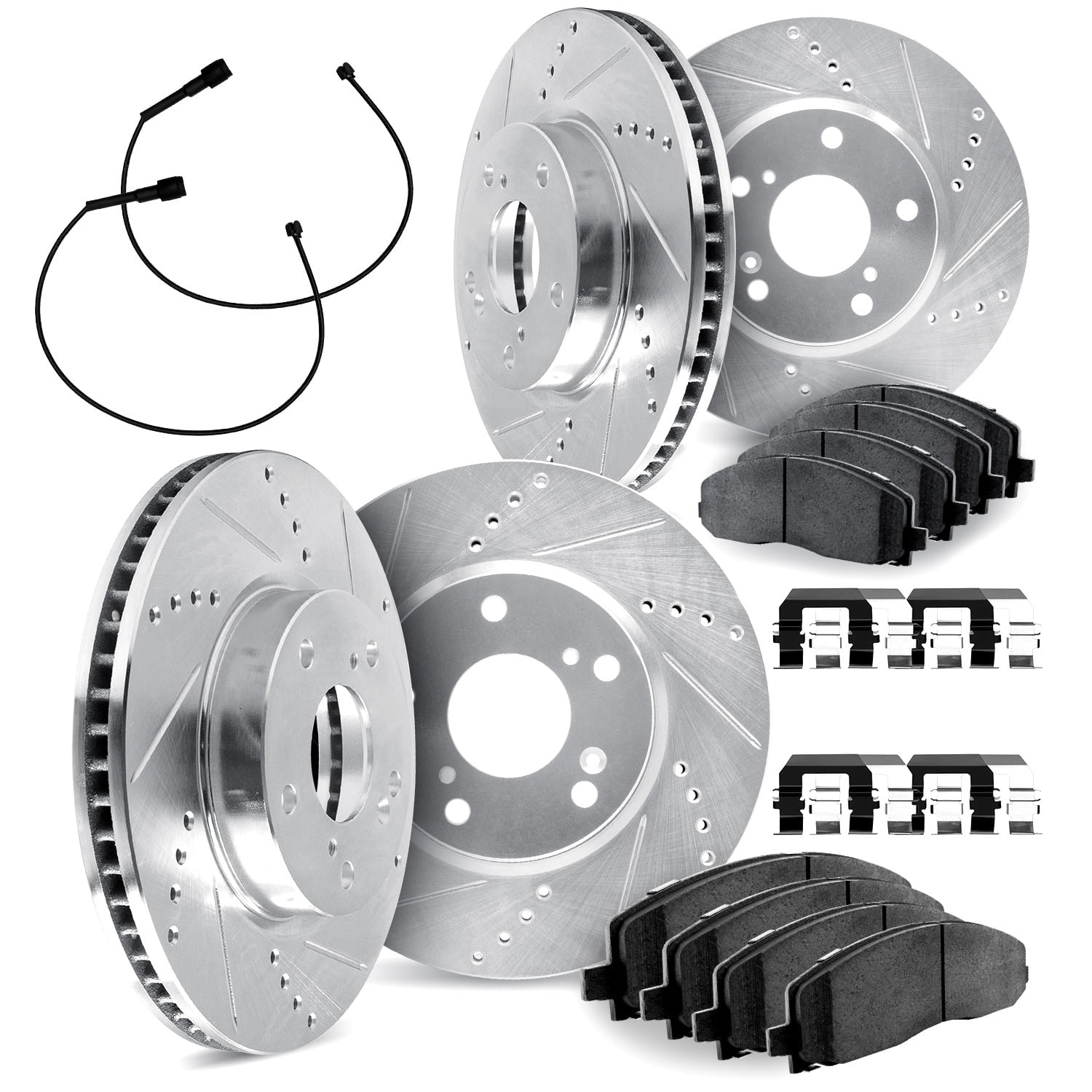 Dynamic Friction Company Front and Rear Brake Rotors Drilled and Slotted Silver with Heavy Duty Brake Pads includes Sensor and Hardware - 7224-40007