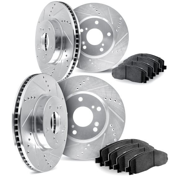 Dynamic Friction Company Front and Rear Brake Rotors Drilled and Slotted Silver with Ultimate Duty Performance Brake Pads - 7404-42007