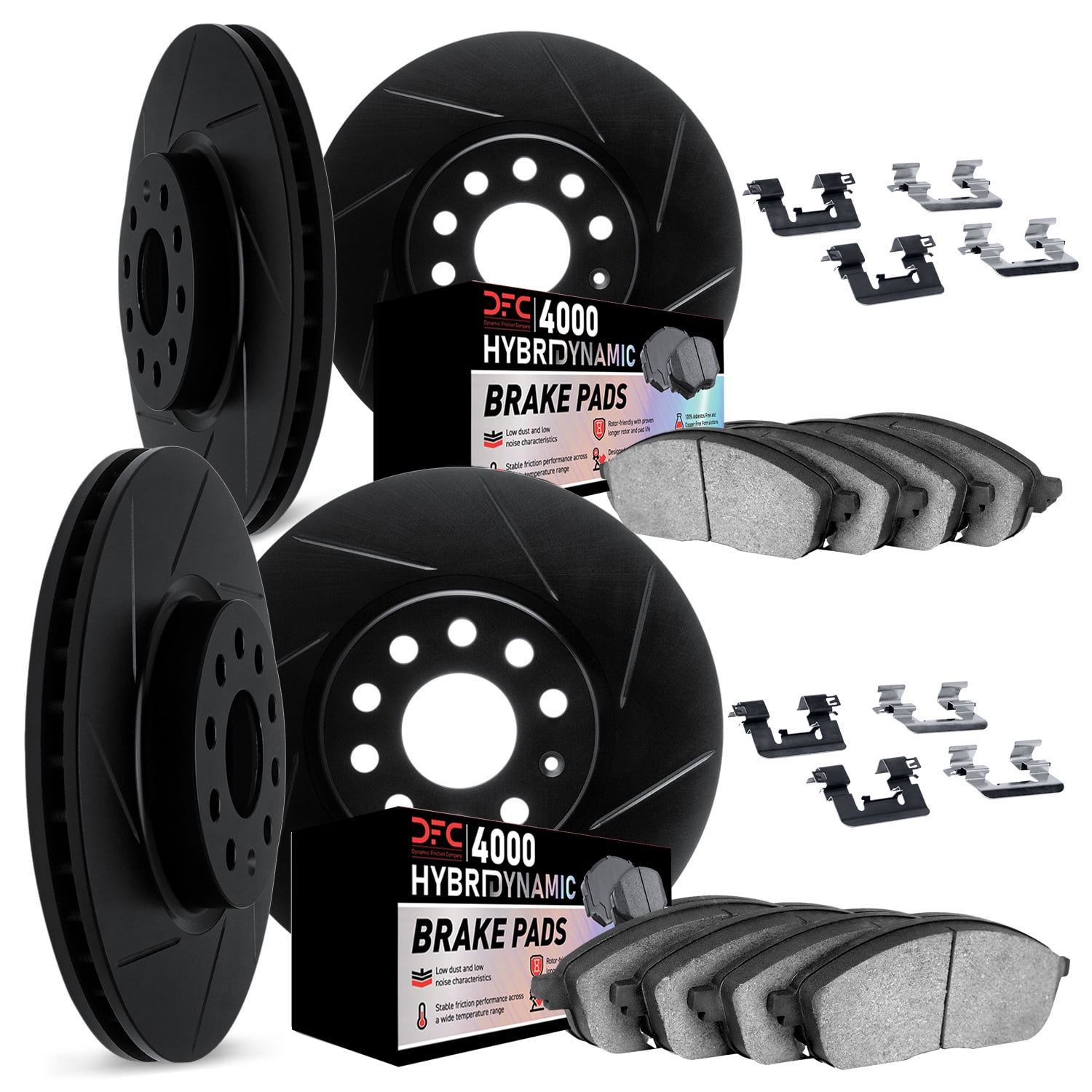 Dynamic Friction Company Front and Rear Brake Rotors Kit Slotted Black | 4000 HybriDynamic Brake Pads includes Hardware 3814-31069