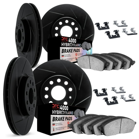 Dynamic Friction Company Front and Rear Brake Rotors Kit Slotted Black | 4000 HybriDynamic Brake Pads includes Hardware 3814-42020