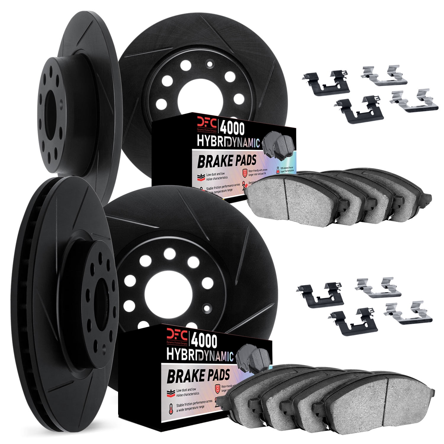 Dynamic Friction Company Front and Rear Brake Rotors Kit Slotted Black | 4000 HybriDynamic Brake Pads includes Hardware 3814-42021