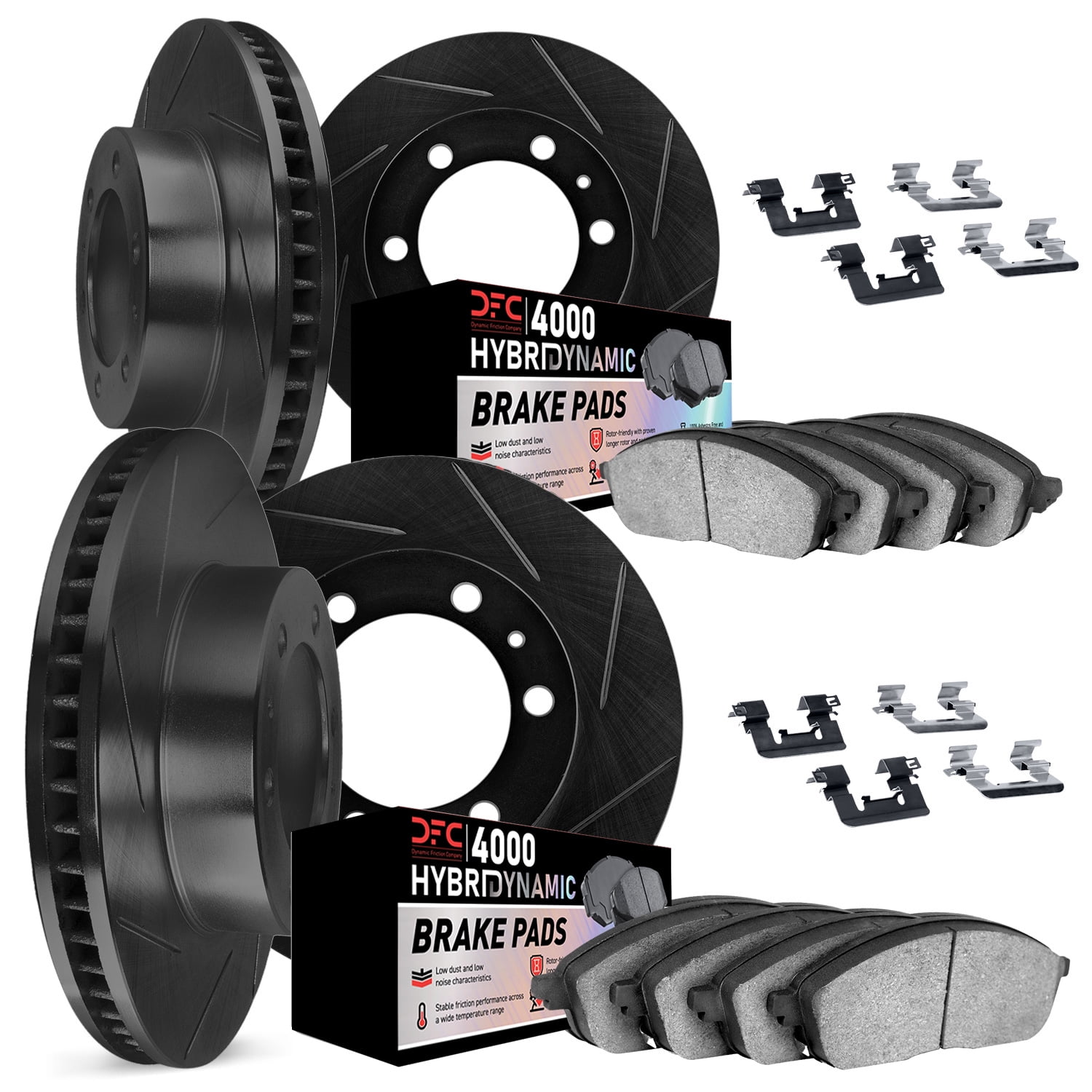 Dynamic Friction Company Front and Rear Brake Rotors Kit Slotted Black | 4000 HybriDynamic Brake Pads includes Hardware 3814-48025
