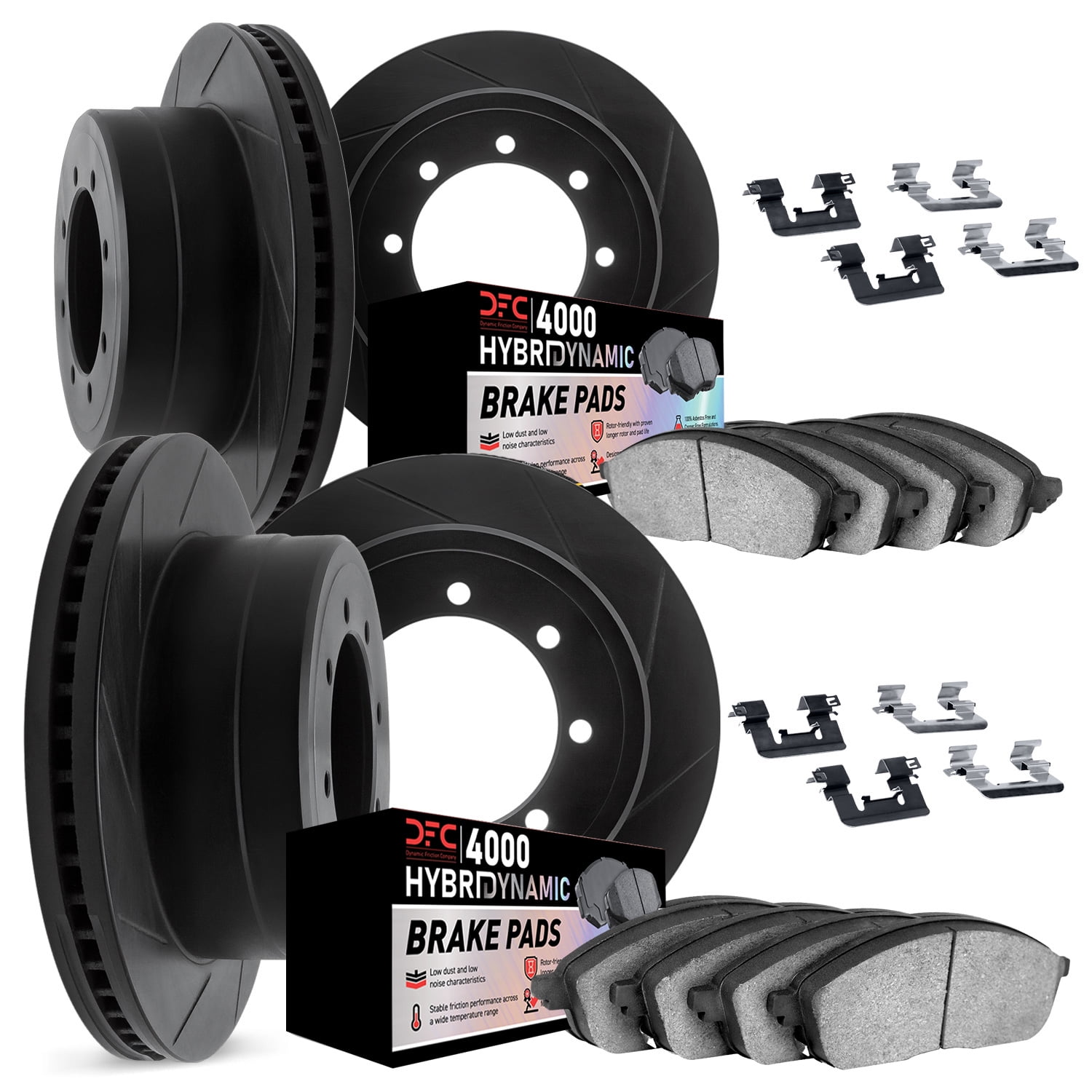 Dynamic Friction Company Front and Rear Brake Rotors Kit Slotted Black | 4000 HybriDynamic Brake Pads includes Hardware 3814-54040
