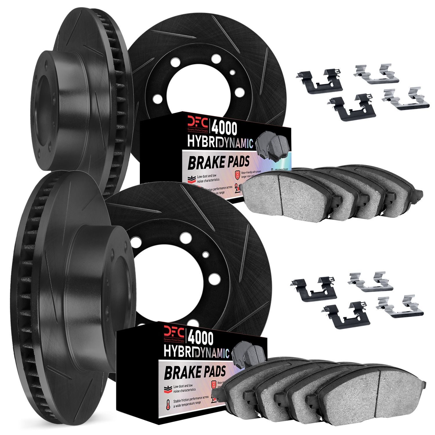 Dynamic Friction Company Front and Rear Brake Rotors Kit Slotted Black | 4000 HybriDynamic Brake Pads includes Hardware 3814-54108