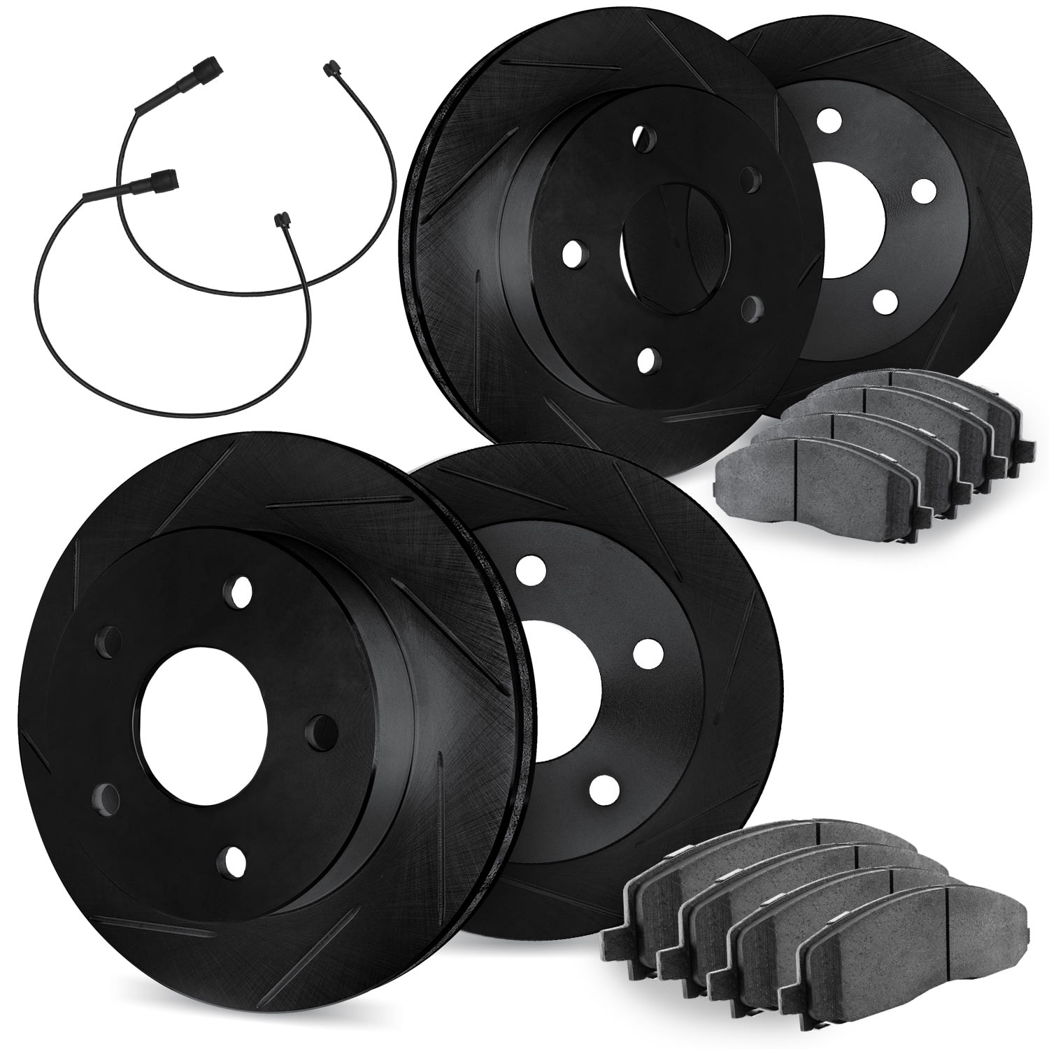 Dynamic Friction Company Front and Rear Brake Rotors Slotted Black with Heavy Duty Brake Pads includes Sensor - 3234-40004
