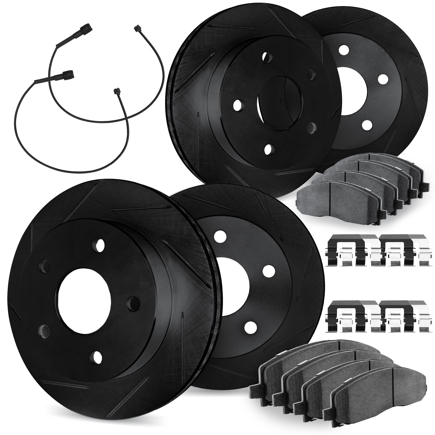 Dynamic Friction Company Front and Rear Brake Rotors Slotted Black with Heavy Duty Brake Pads includes Sensor and Hardware - 3224-40002