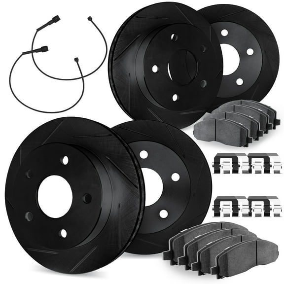 Dynamic Friction Company Front and Rear Brake Rotors Slotted Black with Heavy Duty Brake Pads includes Sensor and Hardware - 3224-40007