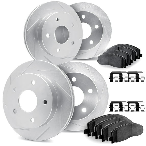 Dynamic Friction Company Front and Rear Brake Rotors Slotted Silver with Heavy Duty Brake Pads includes Hardware - 5214-48180