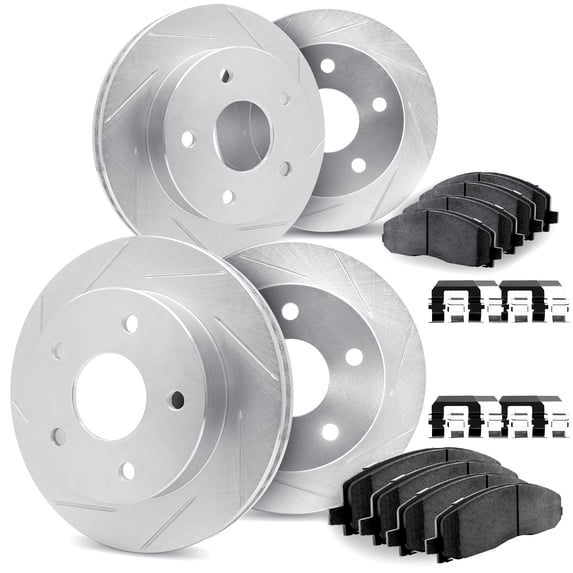 Dynamic Friction Company Front and Rear Brake Rotors Slotted Silver with Heavy Duty Brake Pads includes Hardware - 5214-55007