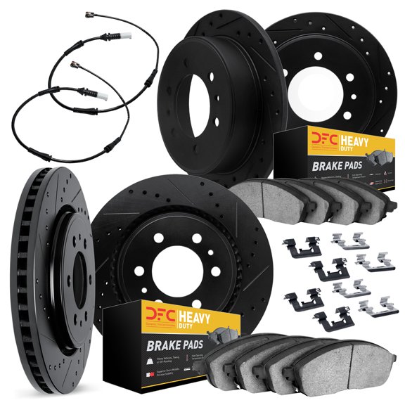 Dynamic Friction Company Front and Rear Rotors-Drilled and Slotted-Silver with Heavy Duty Brake Pads includes Sensor and Hardware 7224-40013