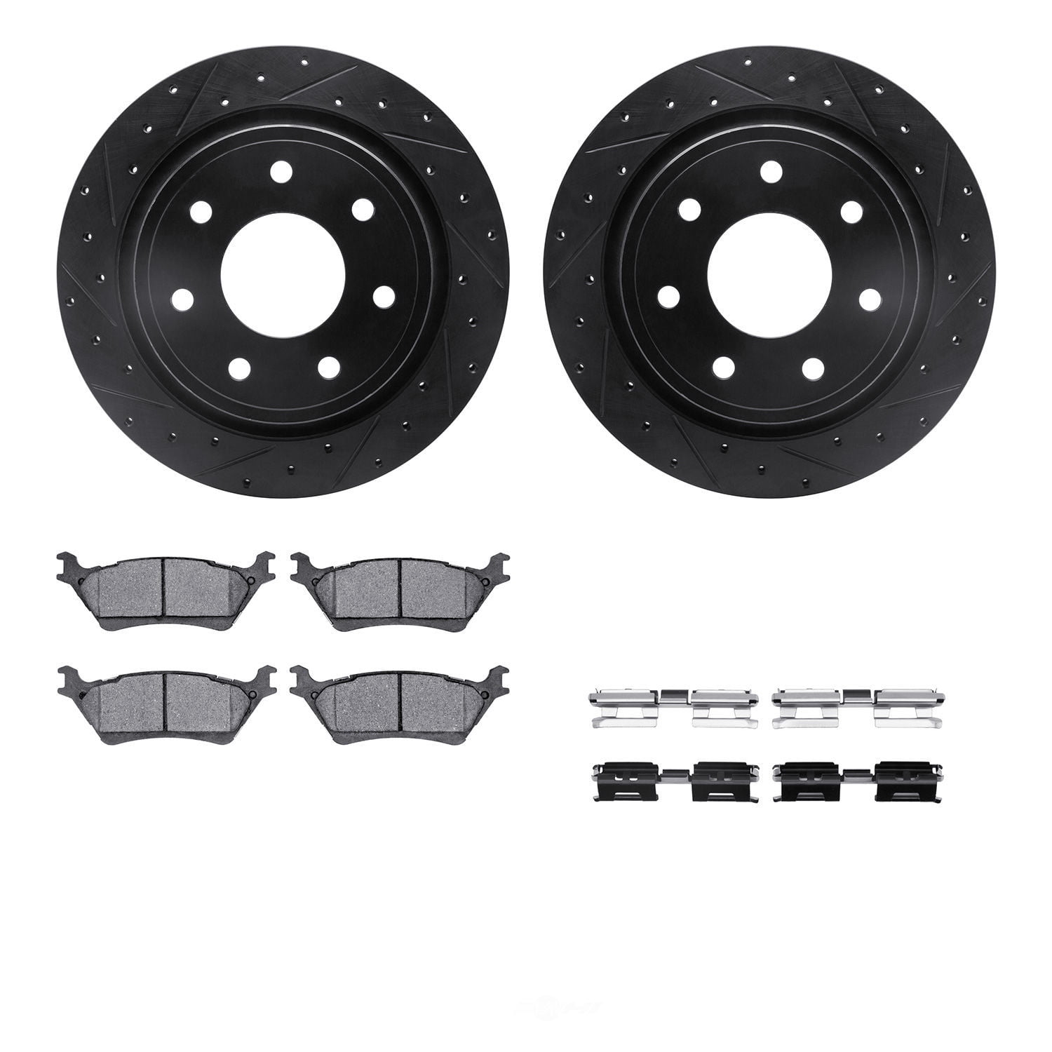 Dynamic Friction Company Rear Brake Rotors-Drilled and Slotted-Black with 3000 Series Ceramic Brake Pads includes Hardware 8312-54207 Fits select: 2012-2014 FORD F150