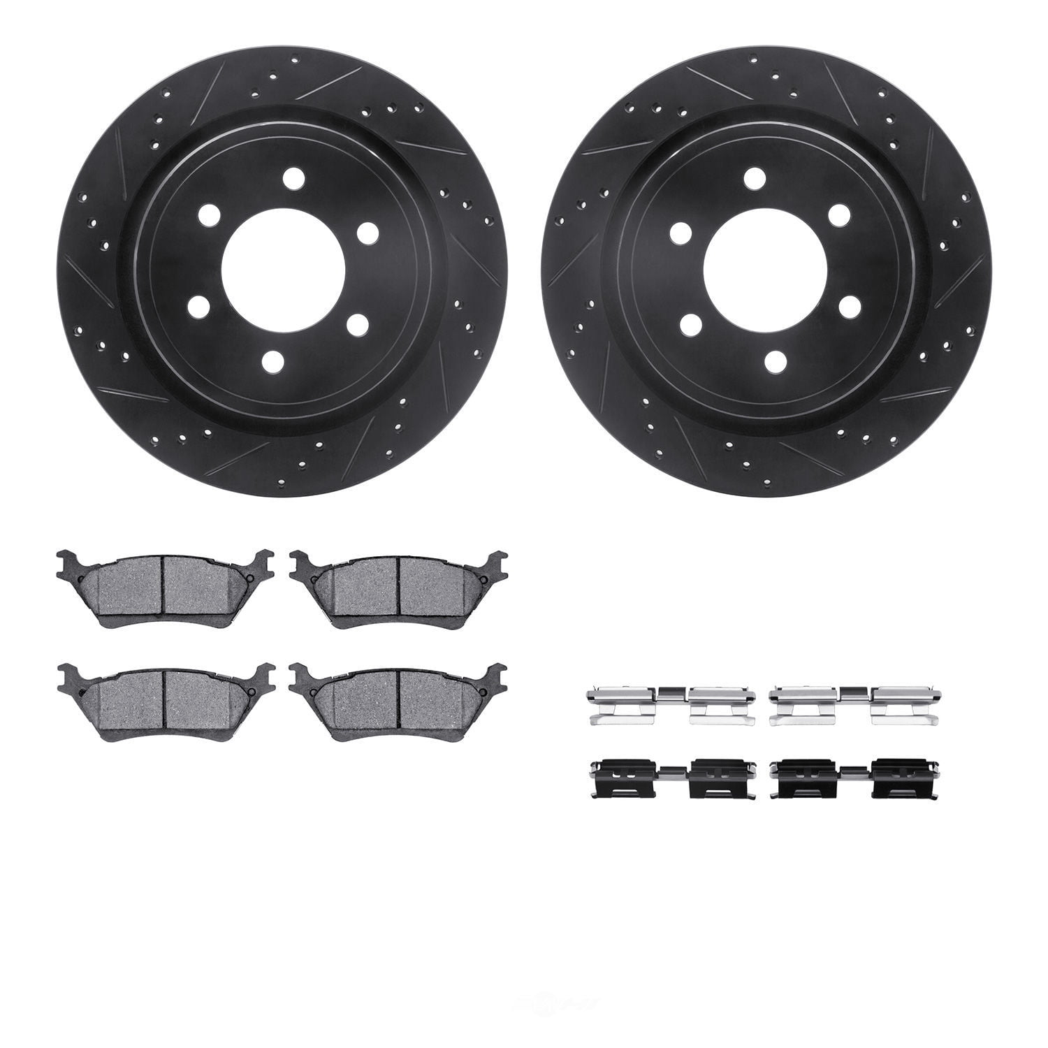 Dynamic Friction Company Rear Brake Rotors-Drilled and Slotted-Black with 3000 Series Ceramic Brake Pads includes Hardware 8312-54208 Fits select: 2012-2020 FORD F150