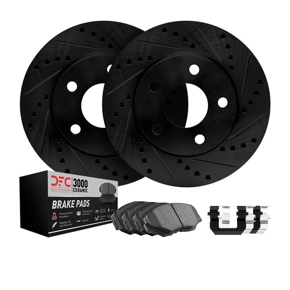 Dynamic Friction Company Rear Brake Rotors-Drilled and Slotted-Black with 3000 Series Ceramic Brake Pads includes Hardware 8312-54208 Fits select: 2012-2020 FORD F150