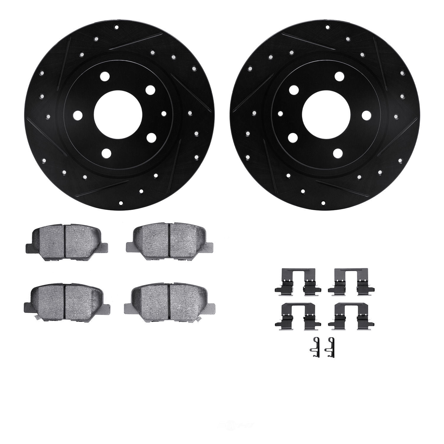 Dynamic Friction Company Rear Brake Rotors-Drilled and Slotted-Black with 3000 Series Ceramic Brake Pads includes Hardware 8312-80077 Fits select: 2014-2015 MAZDA 6
