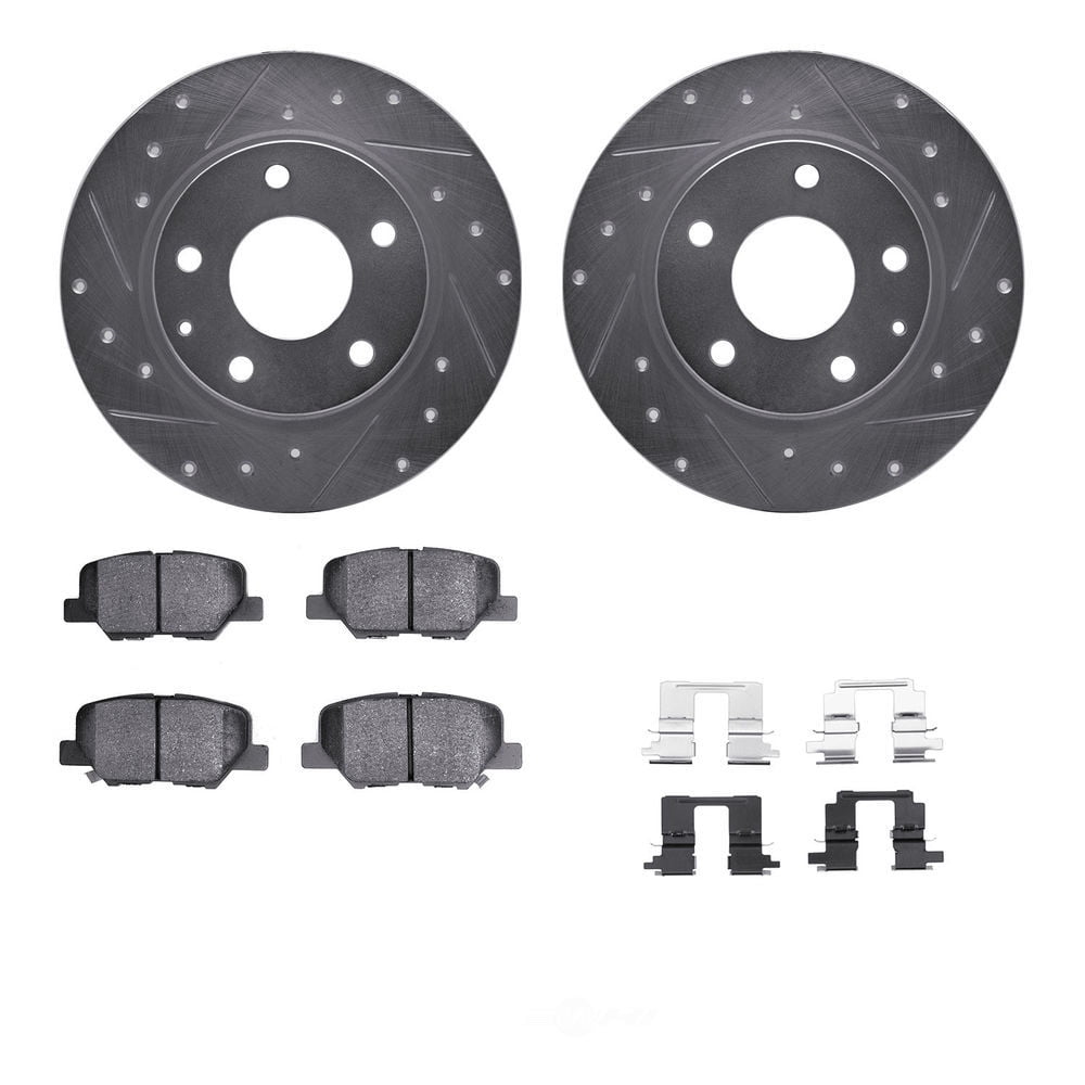 Dynamic Friction Company Rear Brake Rotors-Drilled and Slotted-Silver with 3000 Series Ceramic Brake Pads includes Hardware 7312-80078 Fits select: 2014-2016 MAZDA 3