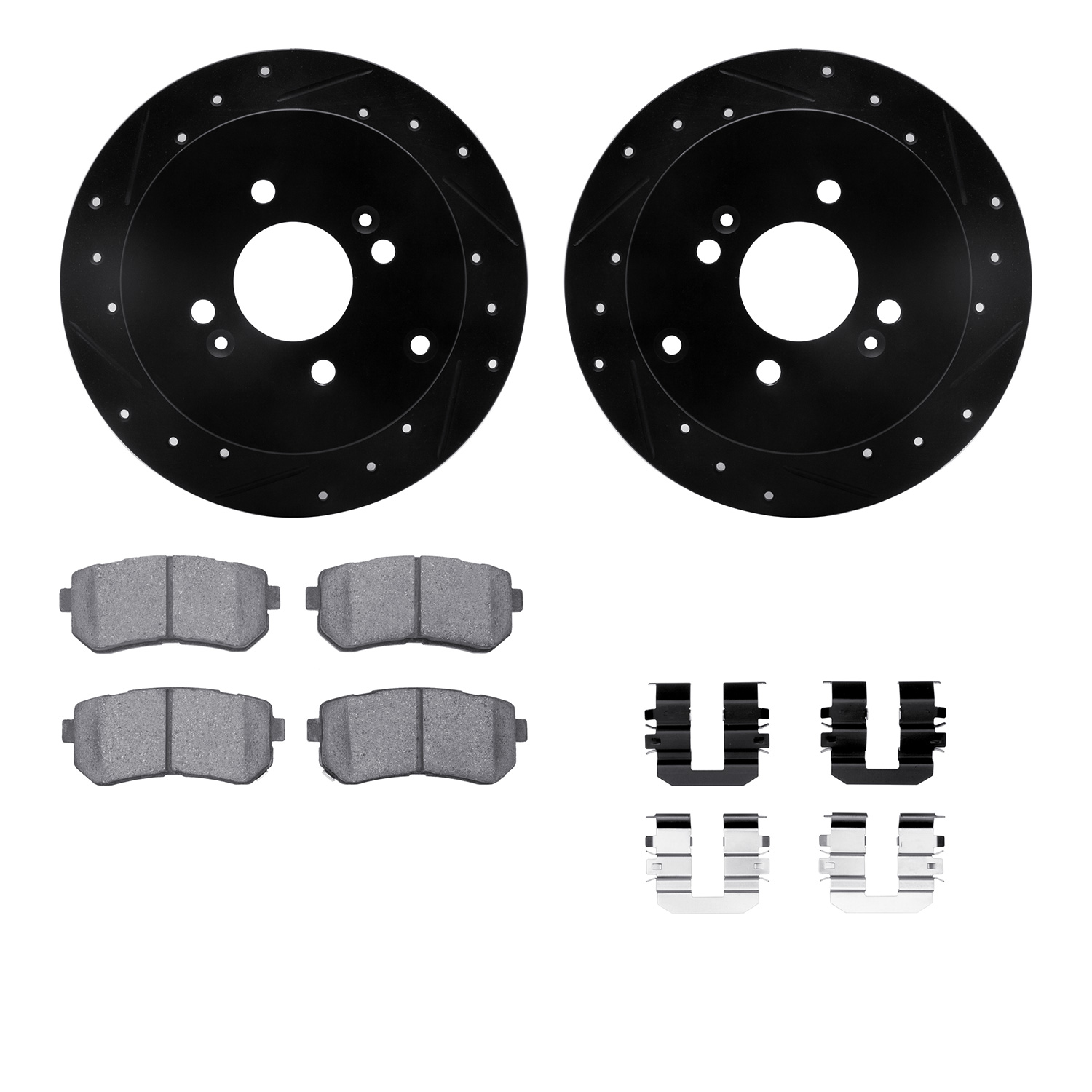 Dynamic Friction Company Rear Brake Rotors-Drilled and Slotted-Black with 5000 Advanced Brake Pads includes Hardware 8512-03002