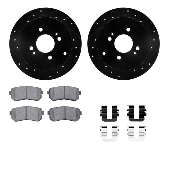 Dynamic Friction Company Rear Brake Rotors-Drilled and Slotted-Black with 5000 Advanced Brake Pads includes Hardware 8512-03002