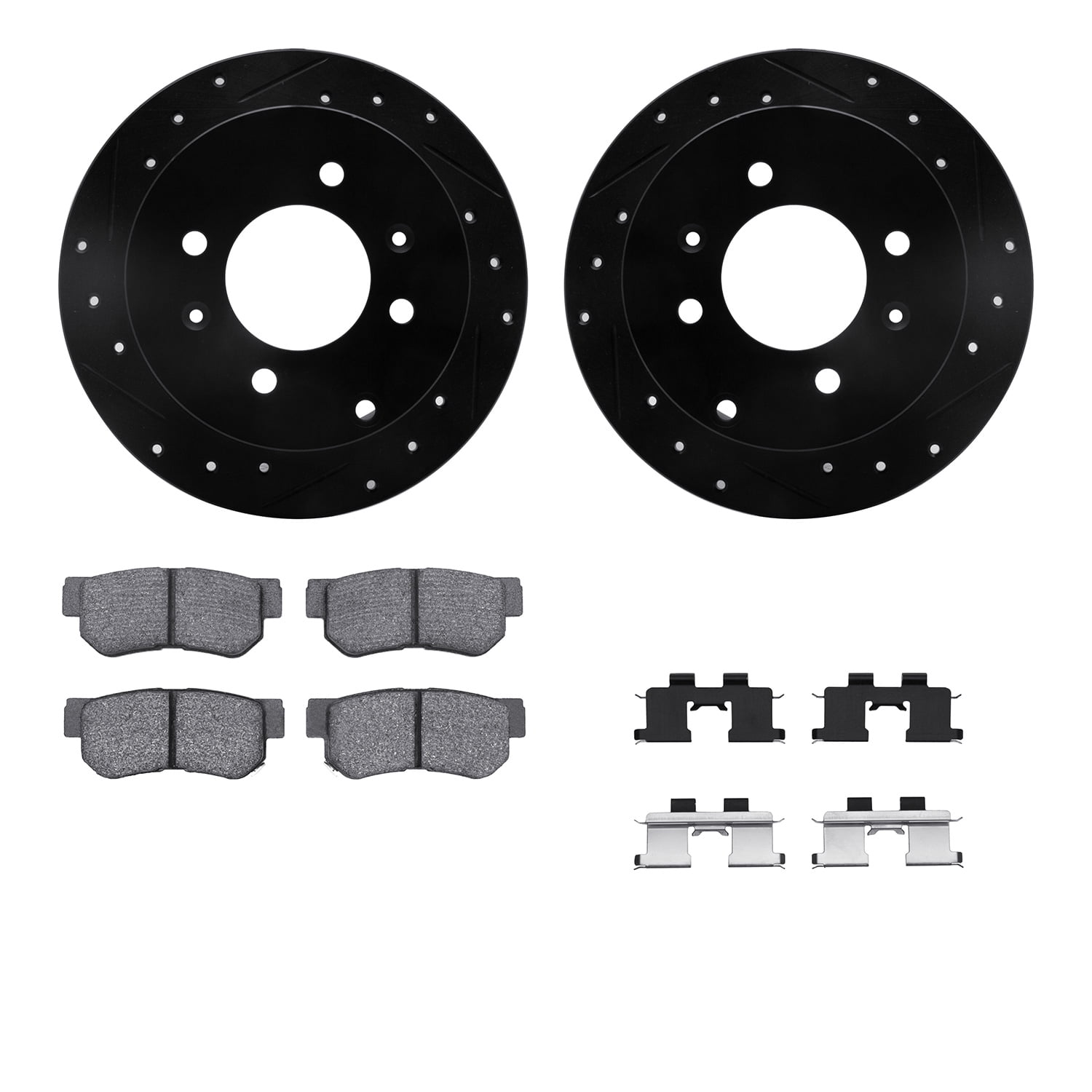 Dynamic Friction Company Rear Brake Rotors-Drilled and Slotted-Black with 5000 Advanced Brake Pads includes Hardware 8512-03012
