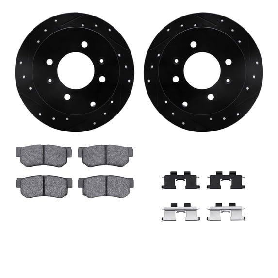 Dynamic Friction Company Rear Brake Rotors-Drilled and Slotted-Black with 5000 Advanced Brake Pads includes Hardware 8512-03012