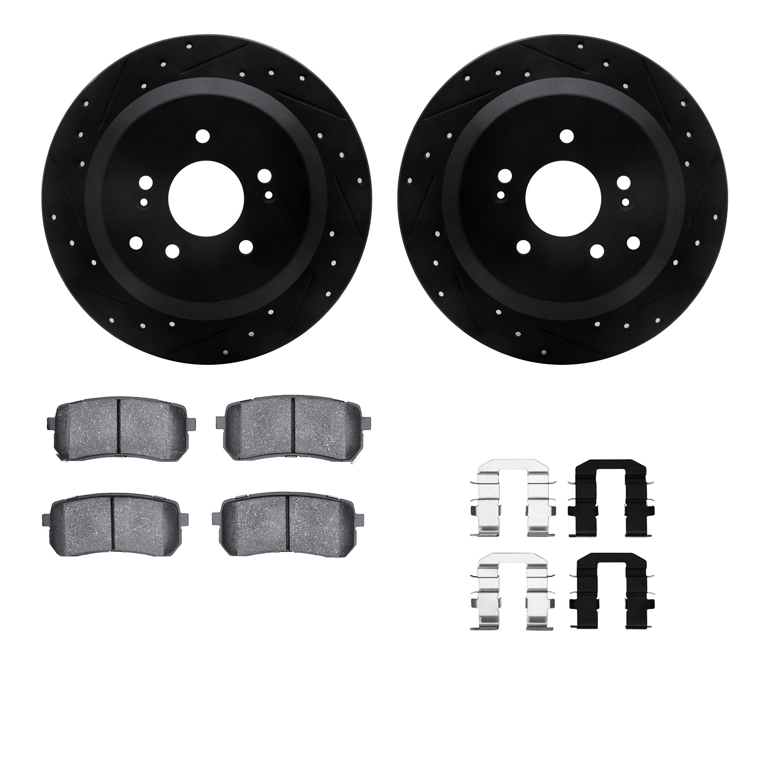 Dynamic Friction Company Rear Brake Rotors-Drilled and Slotted-Black with 5000 Advanced Brake Pads includes Hardware 8512-03048
