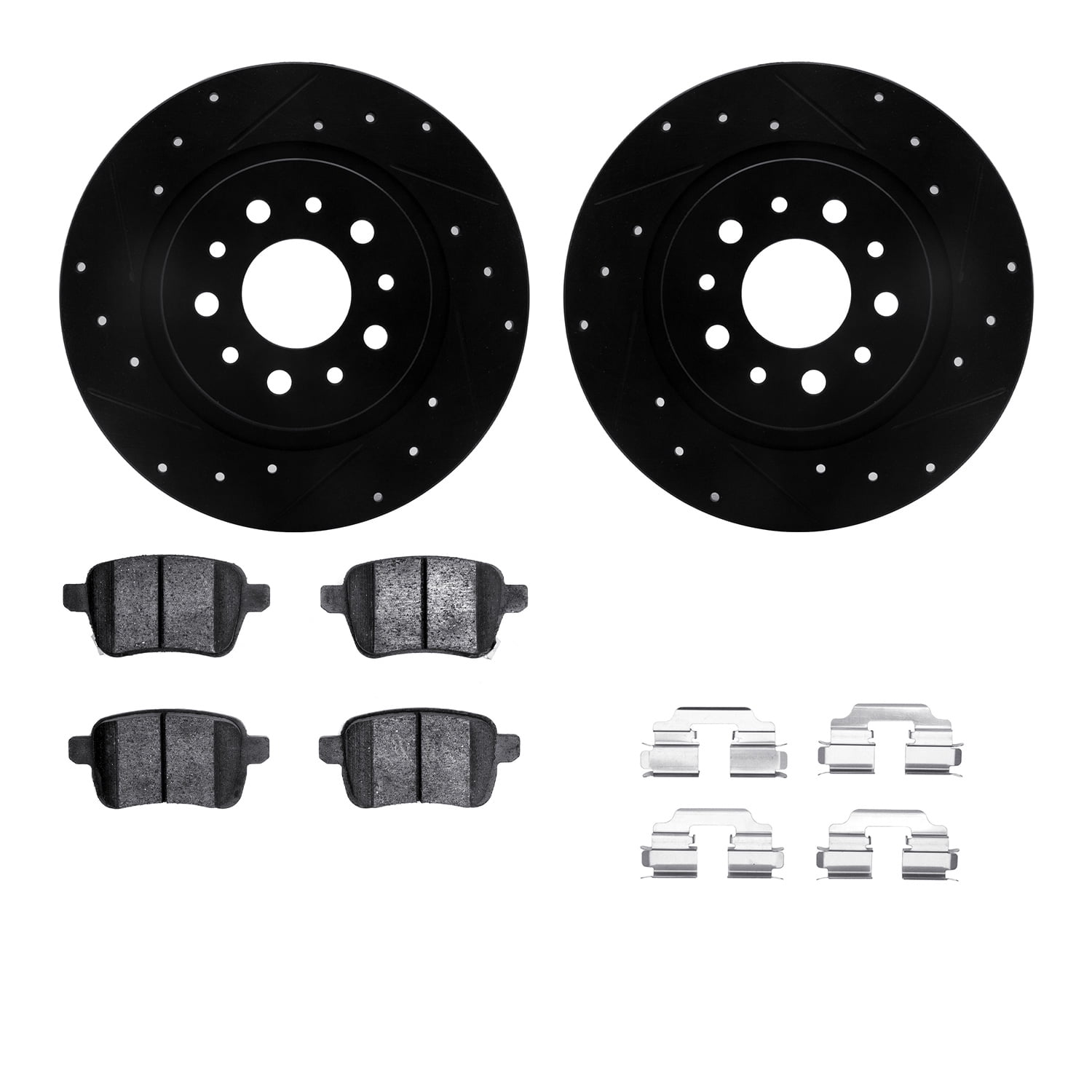 Dynamic Friction Company Rear Brake Rotors-Drilled and Slotted-Black with 5000 Advanced Brake Pads includes Hardware 8512-07003